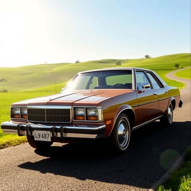 A vintage 1981 Opala car on a scenic country road, showcasing its sleek design and shiny chrome details