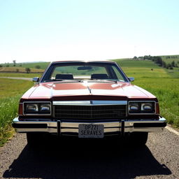 A vintage 1981 Opala car on a scenic country road, showcasing its sleek design and shiny chrome details