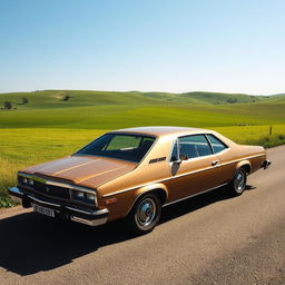 A vintage 1981 Opala car on a scenic country road, showcasing its sleek design and shiny chrome details