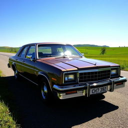 A vintage 1981 Opala car on a scenic country road, showcasing its sleek design and shiny chrome details