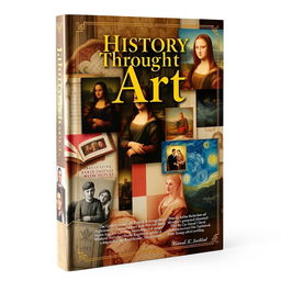 A stunning book cover for a history art book, featuring a dynamic collage of historical artworks from various periods including Renaissance, Baroque, and Impressionism