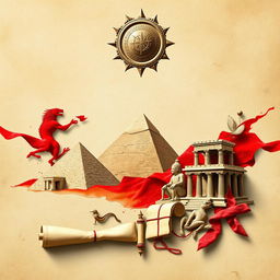 An aesthetically captivating A4 cover design themed around ancient civilization, featuring a harmonious background in beige and white tones with striking red accents
