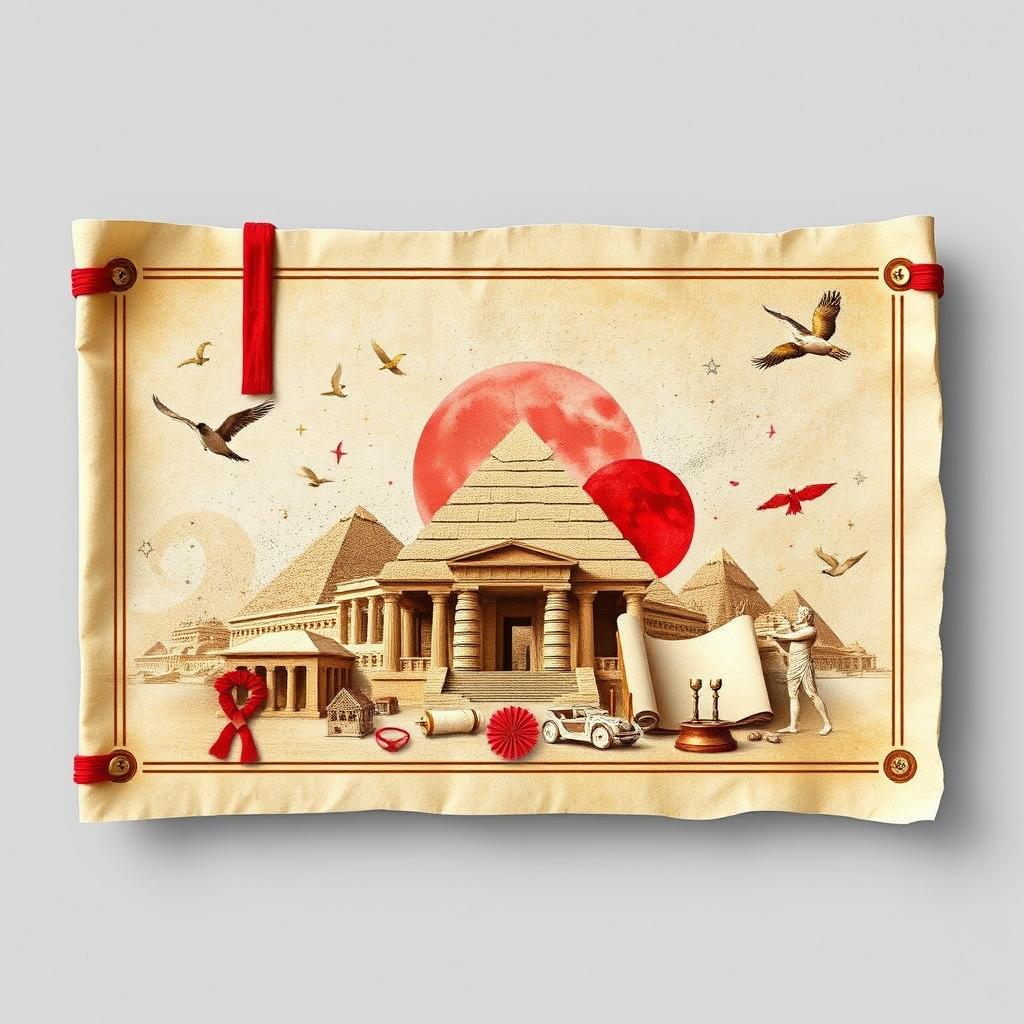 An aesthetically captivating A4 cover design themed around ancient civilization, featuring a harmonious background in beige and white tones with striking red accents