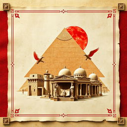 An aesthetically captivating A4 cover design themed around ancient civilization, featuring a harmonious background in beige and white tones with striking red accents