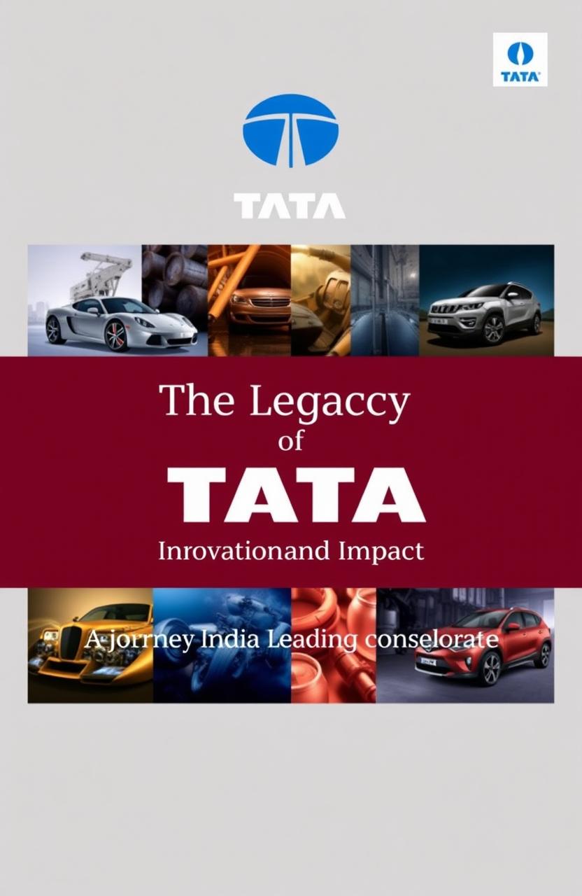 A captivating book cover design for a publication about Tata Group, featuring the iconic Tata logo prominently at the top