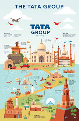 A beautifully illustrated history of the Tata Group, showcasing its evolution from a small trading company founded in the 19th century to a global conglomerate