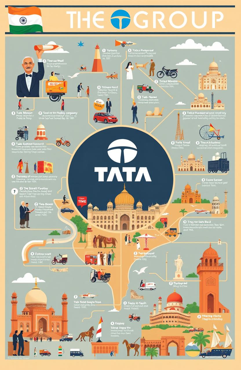 A beautifully illustrated history of the Tata Group, showcasing its evolution from a small trading company founded in the 19th century to a global conglomerate