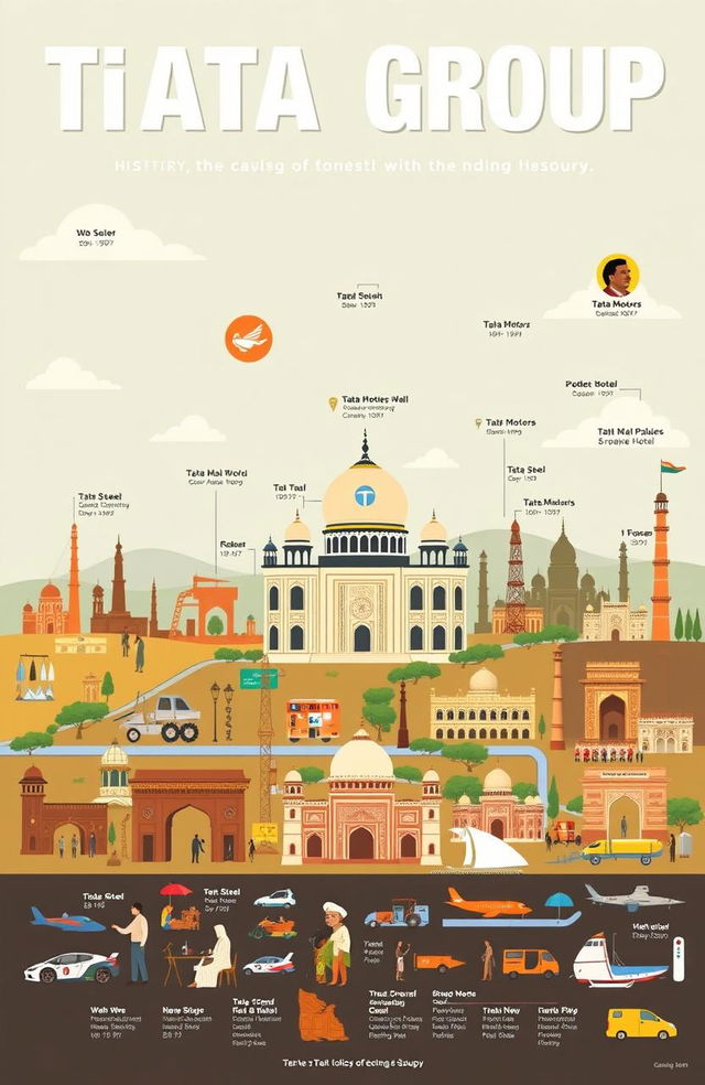 A beautifully illustrated history of the Tata Group, showcasing its evolution from a small trading company founded in the 19th century to a global conglomerate