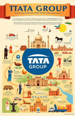 A beautifully illustrated history of the Tata Group, showcasing its evolution from a small trading company founded in the 19th century to a global conglomerate
