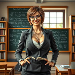 A confident and alluring female professor with large breasts, dressed in a stylish yet professional outfit, standing in front of a chalkboard filled with complex equations