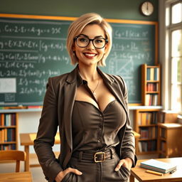 A confident and alluring female professor with large breasts, dressed in a stylish yet professional outfit, standing in front of a chalkboard filled with complex equations