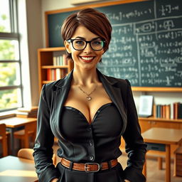A confident and alluring female professor with large breasts, dressed in a stylish yet professional outfit, standing in front of a chalkboard filled with complex equations