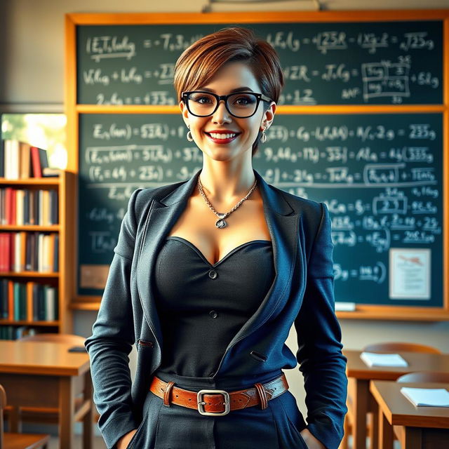 A confident and alluring female professor with large breasts, dressed in a stylish yet professional outfit, standing in front of a chalkboard filled with complex equations