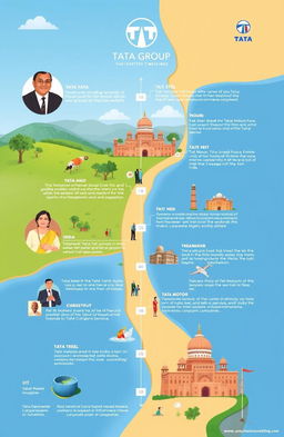 An illustrated timeline showcasing the history of the Tata Group, featuring key milestones and achievements