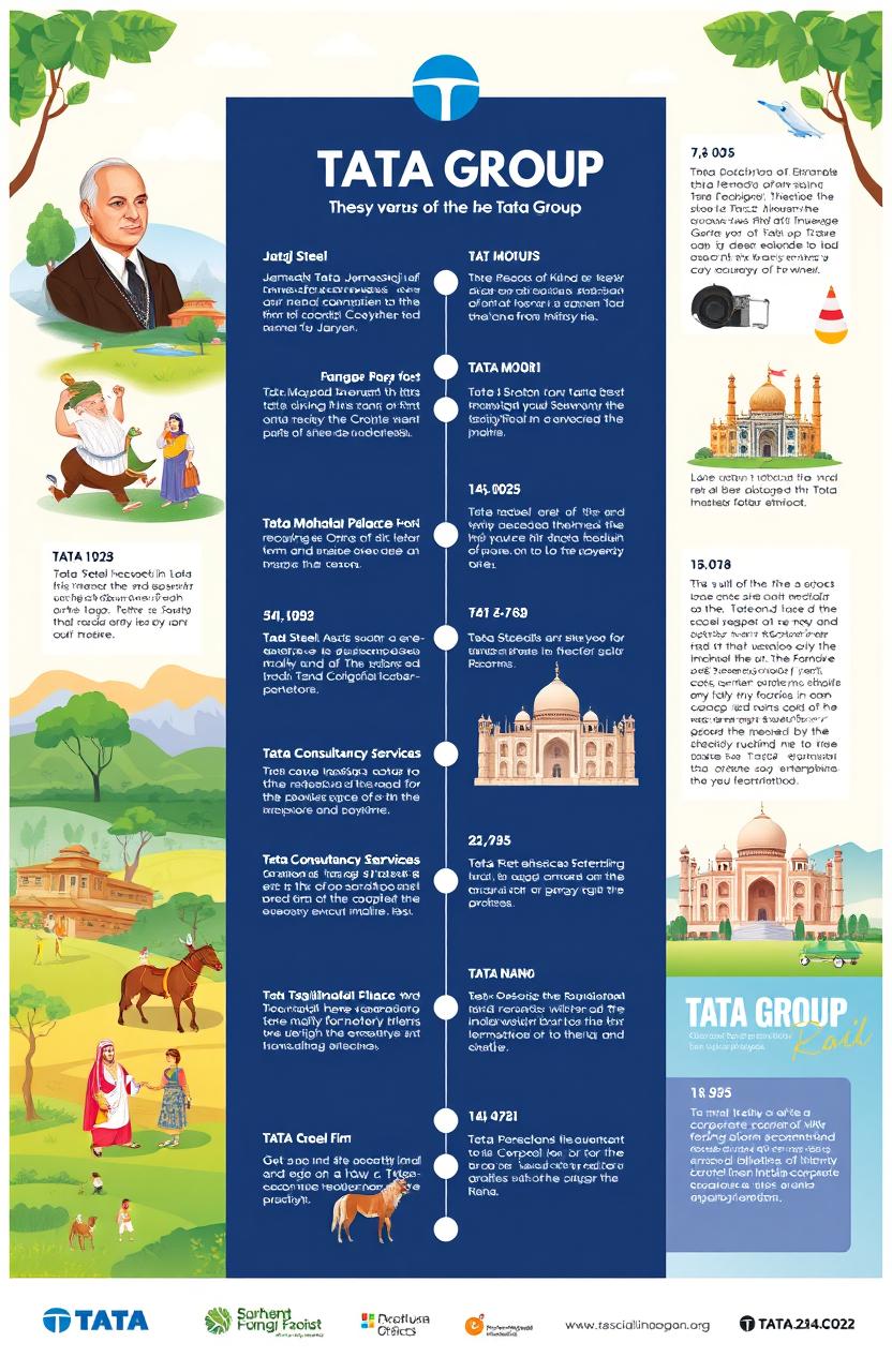 An illustrated timeline showcasing the history of the Tata Group, featuring key milestones and achievements