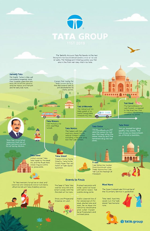 An illustrated timeline showcasing the history of the Tata Group, featuring key milestones and achievements