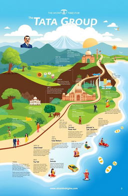 An illustrated timeline showcasing the history of the Tata Group, featuring key milestones and achievements