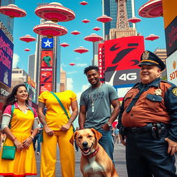 A vibrant movie scene set in a bustling cityscape, featuring large department stores in the background adorned with colorful signage, under a clear blue sky filled with flying saucers