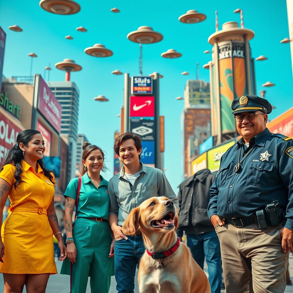 A vibrant movie scene set in a bustling cityscape, featuring large department stores in the background adorned with colorful signage, under a clear blue sky filled with flying saucers