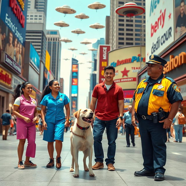 A vibrant movie scene set in a bustling cityscape, featuring large department stores in the background adorned with colorful signage, under a clear blue sky filled with flying saucers