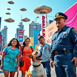 A vibrant movie scene set in a bustling cityscape, featuring large department stores in the background adorned with colorful signage, under a clear blue sky filled with flying saucers