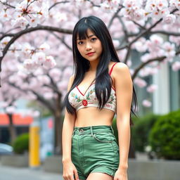 A fashionable Japanese girl wearing a traditional Japanese bra and green denim shorts, standing confidently in an urban environment