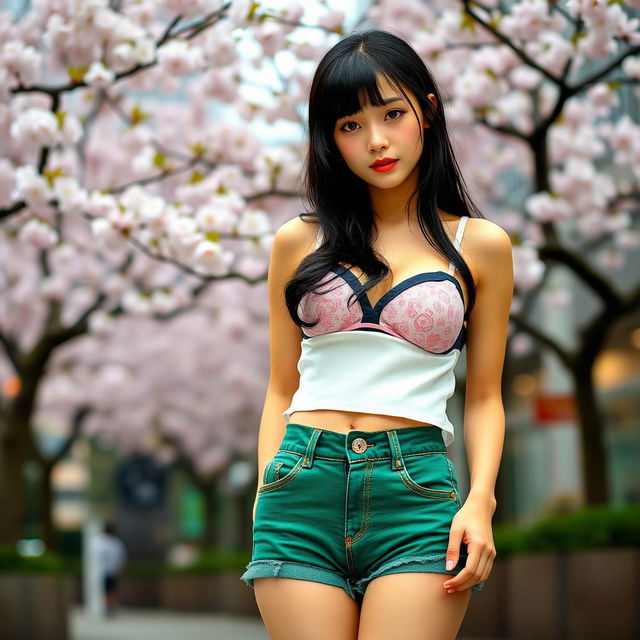 A fashionable Japanese girl wearing a traditional Japanese bra and green denim shorts, standing confidently in an urban environment