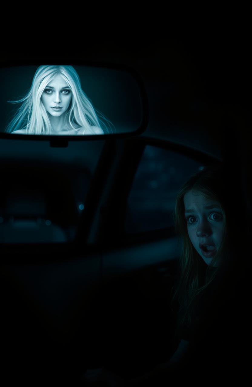 A horror scene inside a car, featuring a young girl sitting in the back seat, looking distressed