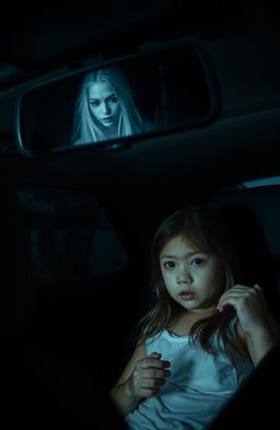 A horror scene inside a car, featuring a young girl sitting in the back seat, looking distressed