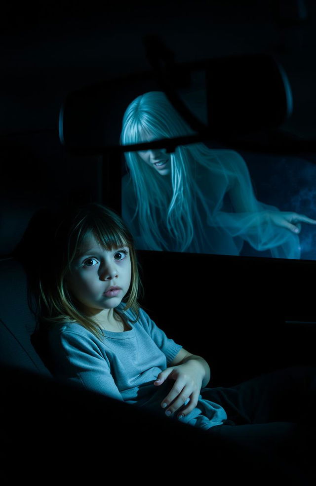 A horror scene inside a car, featuring a young girl sitting in the back seat, looking distressed