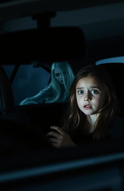 A horror scene inside a car, featuring a young girl sitting in the back seat, looking distressed