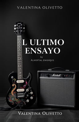 A black and white background featuring a vibrant electric guitar and its amplifier, creating a striking contrast