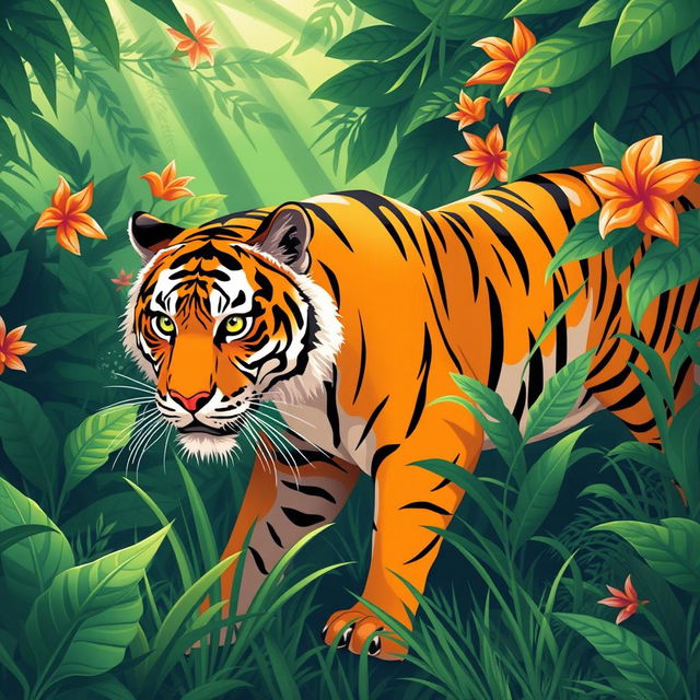 A stylized illustration of a majestic tiger, showcasing its vibrant orange and black stripes as it prowls through a lush green jungle