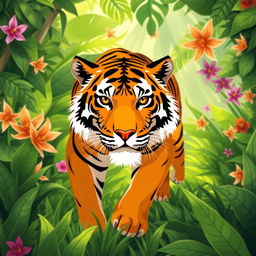 A stylized illustration of a majestic tiger, showcasing its vibrant orange and black stripes as it prowls through a lush green jungle