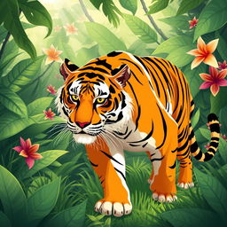 A stylized illustration of a majestic tiger, showcasing its vibrant orange and black stripes as it prowls through a lush green jungle