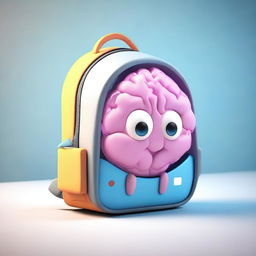 A 3D backpack with a window, revealing a cute, illuminated brain inside.