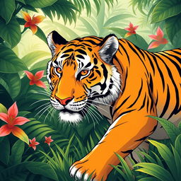 A stylized illustration of a majestic tiger, showcasing its vibrant orange and black stripes as it prowls through a lush green jungle