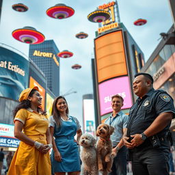 In a vibrant cinematic scene, large department stores loom in the background, their colorful signage illuminating the setting