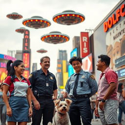 In a vibrant cinematic scene, large department stores loom in the background, their colorful signage illuminating the setting