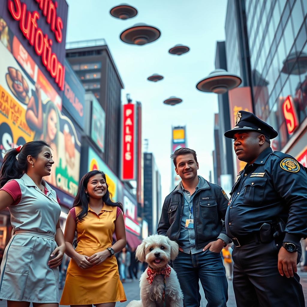 In a vibrant cinematic scene, large department stores loom in the background, their colorful signage illuminating the setting