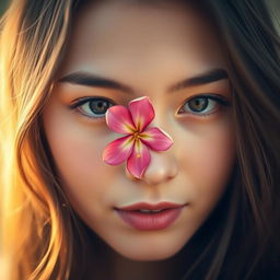 A close-up portrait of a young woman with a serene expression, her face beautifully framed by soft, flowing hair