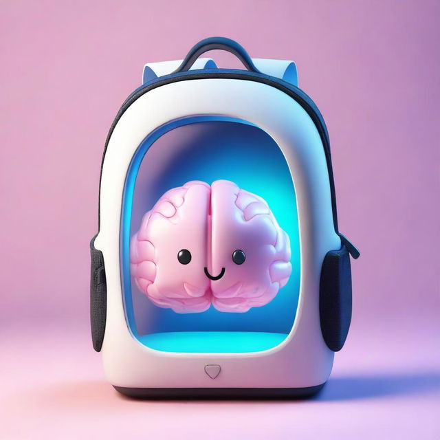 A 3D backpack with a window, revealing a cute, illuminated brain inside.