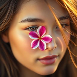 A close-up portrait of a young woman with a serene expression, her face beautifully framed by soft, flowing hair