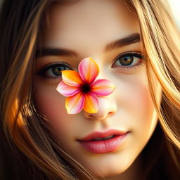 A close-up portrait of a young woman with a serene expression, her face beautifully framed by soft, flowing hair