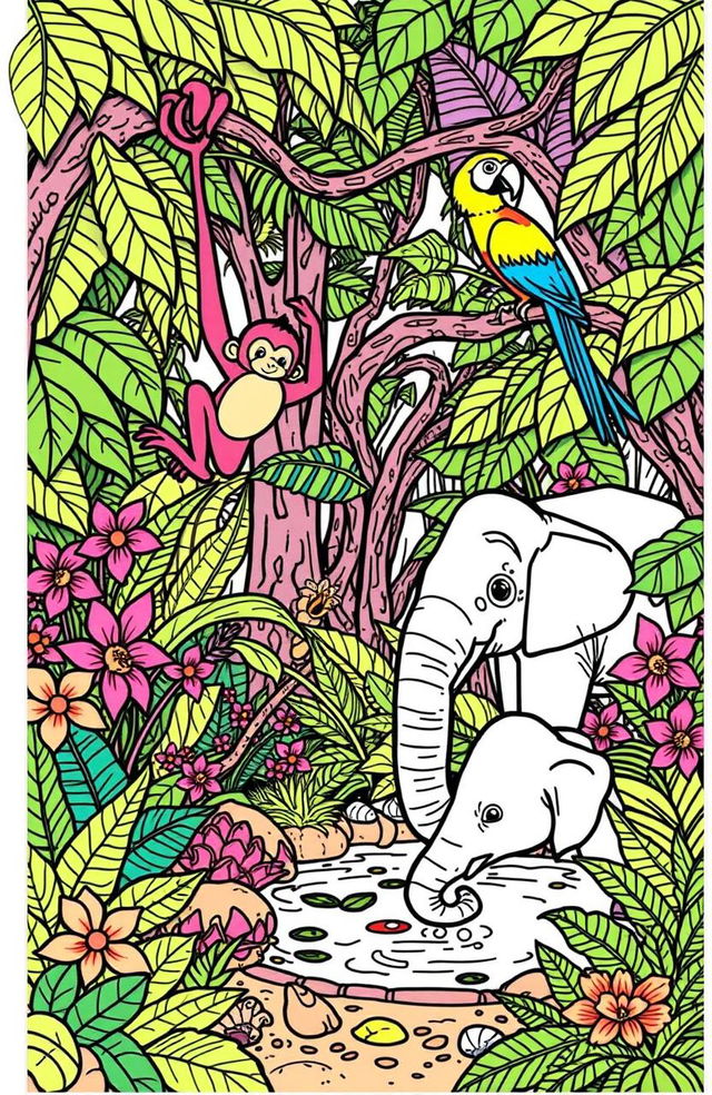 A vibrant and detailed coloring book page featuring an array of animals in a lush jungle