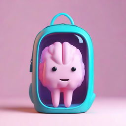 A 3D backpack with a window, revealing a cute, illuminated brain inside.