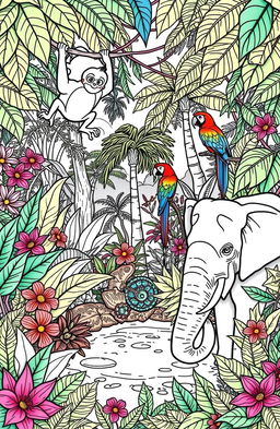 A vibrant and detailed coloring book page featuring an array of animals in a lush jungle