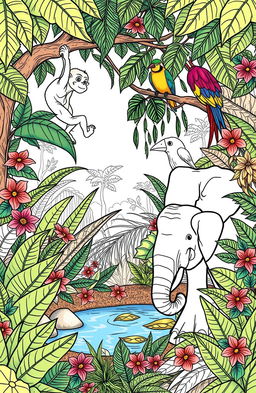 A vibrant and detailed coloring book page featuring an array of animals in a lush jungle