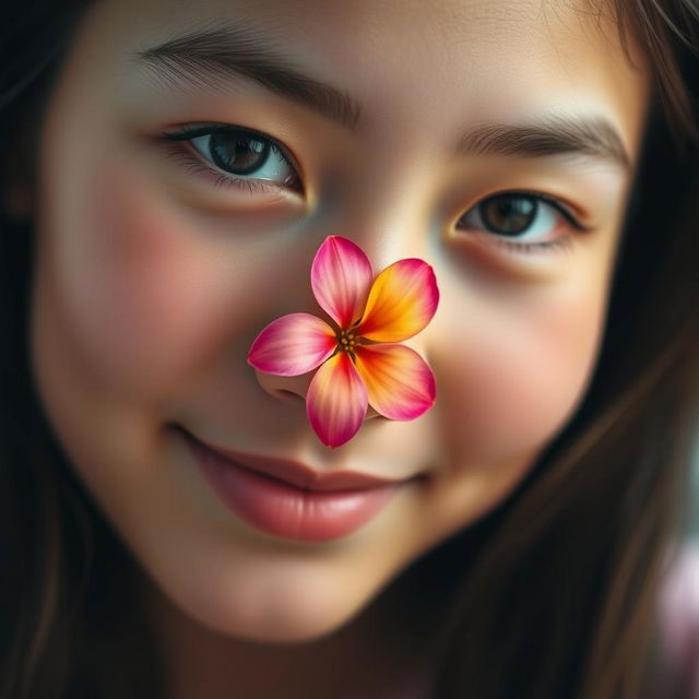 A beautifully artistic close-up of a girl's face adorned with a single vibrant flower delicately placed between her features