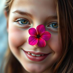 A beautifully artistic close-up of a girl's face adorned with a single vibrant flower delicately placed between her features